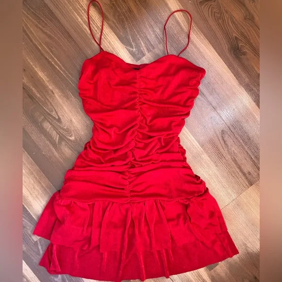 Forever 21 Red Ruched Ruffled Mini Dress - Picture 1 of 4